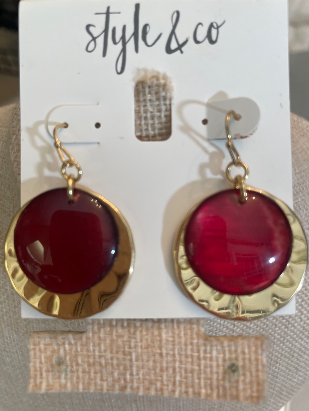 Style & Co. Burgundy and Gold Drop Disc Earrings 1.5”